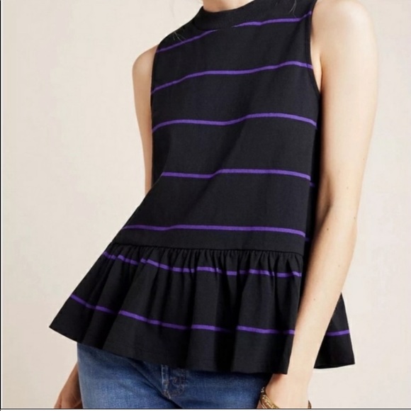 Anthropologie Tops - Anthropologie Hildi Stripe Peplum Ruffle Top Sleeveless Purple Black XS